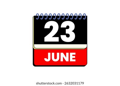 23 junho mês vetor dia único, ilustração, calendário com vermelho, preto e branco ícone de calendário de fundo de cor de 23 de junho
