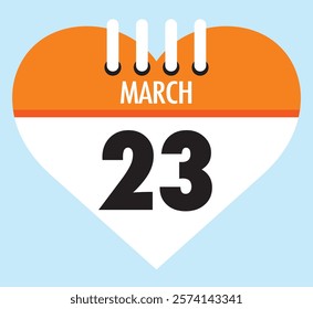 23 March calendar icon orange heart shape on light sky blue color background, calendar vector symbol for the month of March.