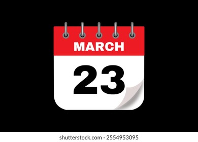 23 March calendar icon text page monthly web design on red, white and black background vector, icon, or illustration with the month of March 23