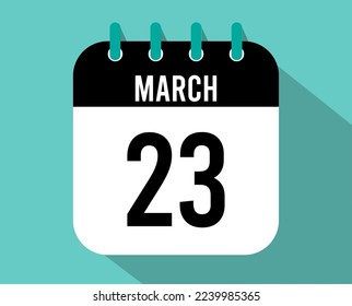 23 March calendar icon. Vector black for the month of March with shadow effect