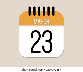 23 March day calendar icon. Orange calendar vector on light background for March days