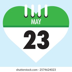 23 May calendar icon green heart shape on light sky blue color background, calendar vector symbol for the month of May.