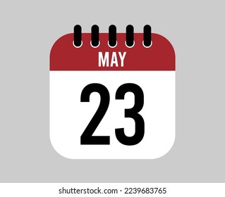 icono del calendario 23 de mayo. Vector de página de calendario rojo para los días y semanas de mayo