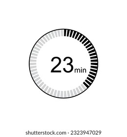 23 minutes icon. Symbol for product labels. Different uses such as cooking time, cosmetic or chemical application time.