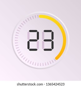 The 23 minutes, stopwatch vector icon, digital timer. Vector digital count down circle board with circle time pie diagram. Watch outline style design, designed for web and app.