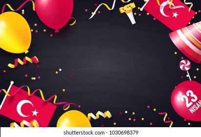 23 Nisan Cocuk Bayrami, 23 April  National Sovereignty and Children's Day in Turkey. Festive border flat lay. Vector illustration