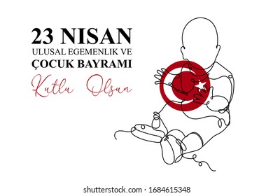 23 Nisan Cocuk Bayrami translate turkish April 23 National Sovereignty and Children Day. One continuous line children with red ball Turkey flag. Graphic design holiday. Vector illustration