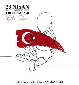 23 Nisan Cocuk Bayrami translate turkish April 23 National Sovereignty and Children Day. One continuous line children with red hand drawn stripe Turkey flag Graphic design holiday. Vector illustration