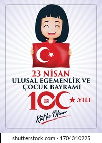 (23 Nisan Ulusal Egemenlik ve Cocuk Bayrami, 100.yili Kutlu Olsun. Kutlama Tebrik Karti) 100th Year. 23 April, National Sovereignty and Children’s Day Turkey celebration card. vector illustration.