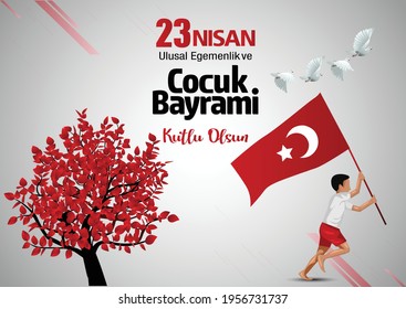 23 Nisan Ulusal Egemenlik ve Cocuk Bayrami. National Sovereignty and Children’s Day. Turkey boy running with flag. vector illustration.