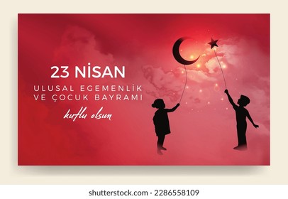 23 Nisan Ulusal Egemenlik ve Çocuk Bayramı Kutlu Olsun. (23rd April. national sovereignty and children's day) happy birthday. Boy and girl silhouettes with balloon moon and star icons. Atatürk günü.