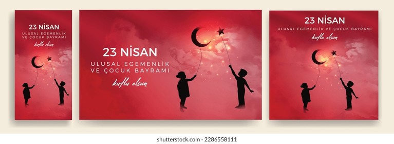 23 Nisan Ulusal Egemenlik ve Çocuk Bayramı Kutlu Olsun. (23rd April. national sovereignty and children's day) happy birthday. Boy and girl silhouettes with balloon moon and star icons. Atatürk günü.