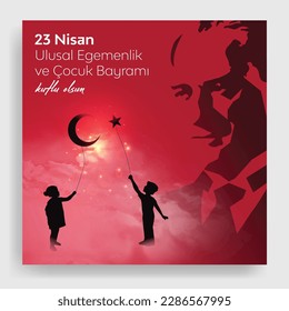 23 Nisan Ulusal Egemenlik ve Çocuk Bayramı Kutlu Olsun. April. nationale Souveränität und Kindertag) glücklicher Geburtstag. Junge und Mädchen Silhouetten mit Ballonmond und Sternbildern. Atatürk Günü.