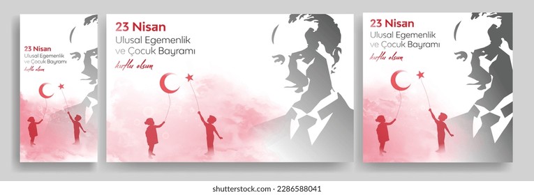 23 Nisan Ulusal Egemenlik ve Çocuk Bayramı Kutlu Olsun. April. nationale Souveränität und Kindertag) glücklicher Geburtstag. Junge und Mädchen Silhouetten mit Ballonmond und Sternbildern. Atatürk Günü.