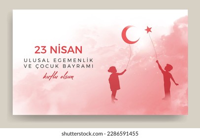 23 Nisan Ulusal Egemenlik ve Çocuk Bayramı Kutlu Olsun. (23rd April. national sovereignty and children's day) happy birthday. Boy and girl silhouettes with balloon moon and star icons. Atatürk günü.