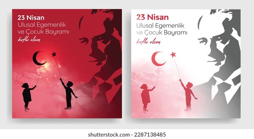 23 Nisan Ulusal Egemenlik ve Çocuk Bayramı Kutlu Olsun. (23rd April. national sovereignty and children's day) happy birthday. Boy and girl silhouettes with balloon moon and star icons. Atatürk günü.