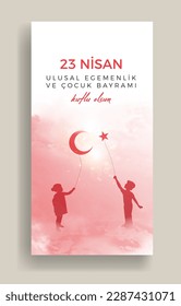 23 Nisan Ulusal Egemenlik ve Çocuk Bayramı Kutlu Olsun. (23rd April. national sovereignty and children's day) happy birthday. Boy and girl silhouettes with balloon moon and star icons. Atatürk günü.