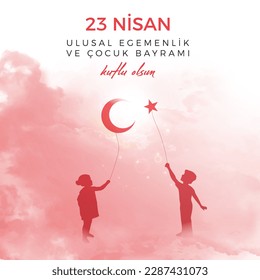 23 Nisan Ulusal Egemenlik ve Çocuk Bayramı Kutlu Olsun. (23rd April. national sovereignty and children's day) happy birthday. Boy and girl silhouettes with balloon moon and star icons. Atatürk günü.