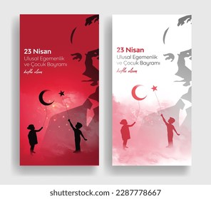 23 Nisan Ulusal Egemenlik ve Çocuk Bayramı Kutlu Olsun. (23rd April. national sovereignty and children's day) happy birthday. Boy and girl silhouettes with balloon moon and star icons. Atatürk günü.