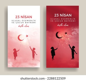 23 Nisan Ulusal Egemenlik ve Çocuk Bayramı Kutlu Olsun. (23rd April. national sovereignty and children's day) happy birthday. Boy and girl silhouettes with balloon moon and star icons. Atatürk günü.