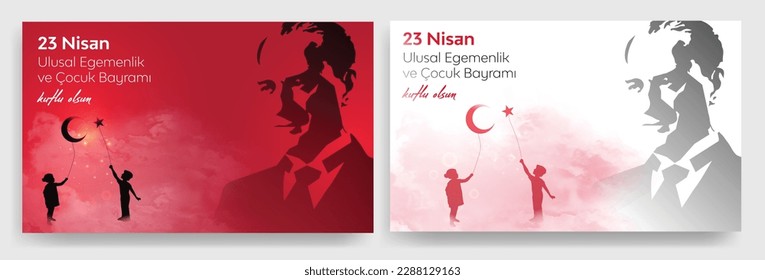 23 Nisan Ulusal Egemenlik ve Çocuk Bayramı Kutlu Olsun. (23rd April. national sovereignty and children's day) happy birthday. Boy and girl silhouettes with balloon moon and star icons. Atatürk günü.