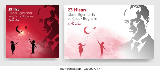 23 Nisan Ulusal Egemenlik ve Çocuk Bayramı Kutlu Olsun. (23rd April. national sovereignty and children's day) happy birthday. Boy and girl silhouettes with balloon moon and star icons. Atatürk günü.