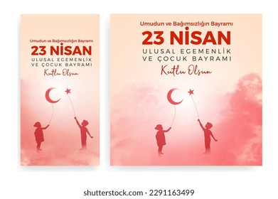 23 Nisan Ulusal Egemenlik ve Çocuk Bayramı Kutlu Olsun. (23rd April. national sovereignty and children's day) happy birthday. Boy and girl silhouettes with balloon moon and star icons. Atatürk günü.