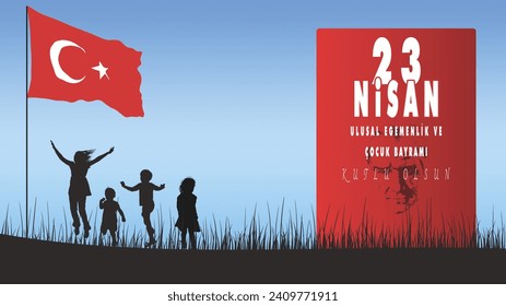 23 Nisan Ulusal Egemenlik ve Çocuk Bayramı texto turco para el 23 de abril 4 Feliz Día Nacional de la Soberanía y el Niño. con bandera turca y niños