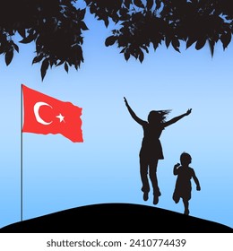 23 Nisan Ulusal Egemenlik ve Çocuk Bayramı Turco texto o 23 de abril Feliz Día Nacional de la Soberanía y la Infancia. con bandera turca y niños