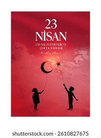 23 Nisan Ulusal Egemenlik ve Çocuk Bayramı Kutlu Olsun. (23rd April. national sovereignty and children's day) happy birthday. Boy and girl silhouettes with balloon moon and star icons. Atatürk günü.