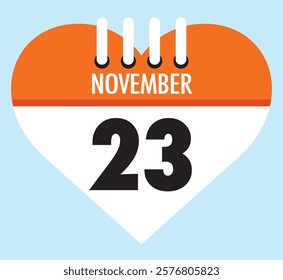 23 November calendar icon orange heart shape on light sky blue color background, calendar vector symbol for the month of November.