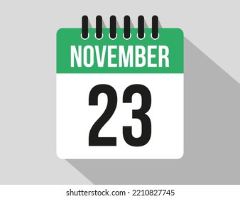 icono vectorial del calendario 23 de noviembre. Noviembre verde de los días del mes y la semana