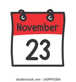 23 November. Vector flat daily calendar icon. Date and time, day, month. Holiday