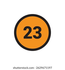 23 Número icono Vector Naranja Círculo con diseño Negro
