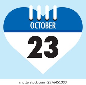 23 October calendar icon blue heart shape on light sky blue color background, calendar vector symbol for the month of October.