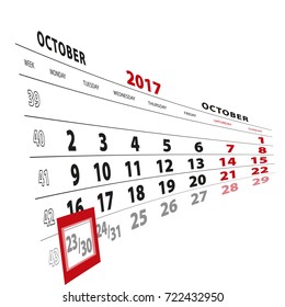 23 October highlighted on calendar 2017. Week starts from Monday. Vector Illustration.