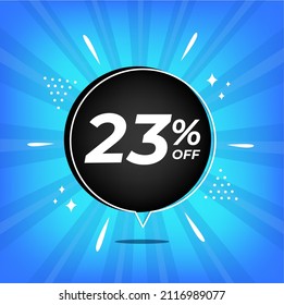 23% off. Blue banner with twenty-three percent discount on a black balloon for mega big sales.