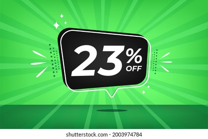 23% off. Green banner with twenty-three percent discount on a black balloon for mega big sales.