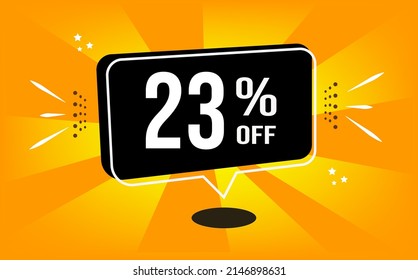 23% off. Orange banner with black balloon forty percent off purchase and sale