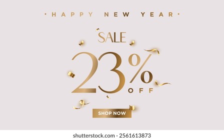 23% off Sale Happy New Year. Twenty three percent promotion illustration. Shop now. Winter holiday poster with discount coupon. Gold Vector.