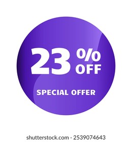 23 % Rabatt. 23 Prozent Rabatt, Sonderangebot. Design-Vorlage für Rabattverkaufsbanner. Rabattmarkierung. Vektorgrafik. Purple Design.