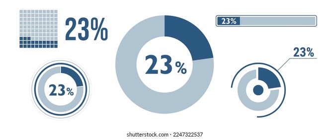 23 percent loading data icon set. Twenty-three circle diagram, pie donut chart, progress bar. 23% percentage infographic. Vector concept collection, blue color.