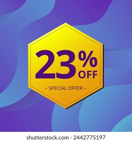 23% Sale and Discount Label. Twenty three percent Sale Discount label Geometric design. Abstract Blue and Yellow Hexagon. Vector illustration.