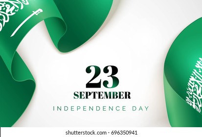 23 September. Saudi Arabia Happy Independence Day greeting card. Waving saudi arabia flags isolated on white background. Patriotic Symbolic background  Vector illustration