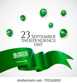 23 September. Saudi Arabia Happy Independence Day greeting card. Waving saudian flag and balloons with confetti, ribbon isolated on white background. Patriotic Symbolic background. Vector illustration