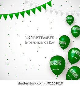 23 September. Saudi Arabia Happy Independence Day greeting card. Waving saudian flag and balloons with confetti, ribbon isolated on white background. Patriotic Symbolic background. Vector illustration