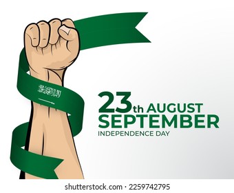 23 de septiembre. Imagen vectorial de la tarjeta de felicitación del Día de la Independencia para el país de Arabia Saudita con puños apretados y una cinta de bandera. Usar para banners en fondo blanco.