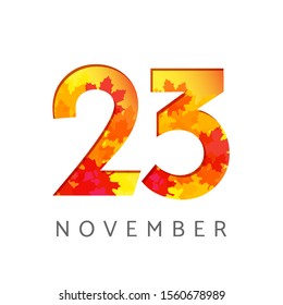 23 st of November calendar numbers. 23 years old autumn logotype. Anniversary digits with leaves. Isolated abstract graphic design template. White background. Up to 23% percent off creative discount.
