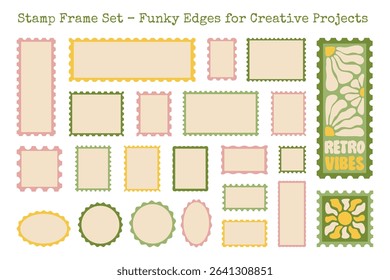 23 Stamp Frame Templates, Vector Postmarks. Set of colorful empty postage stamps in funky retro style. Includes rectangular, oval and wavy border shapes. 