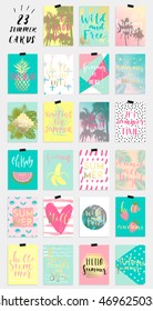 23 summer hand drawn calligraphyc card set. Vector collection of bright summer cards. Beautiful summer posters with pineapple, banana, palm leaves and hand written text. Journal cards